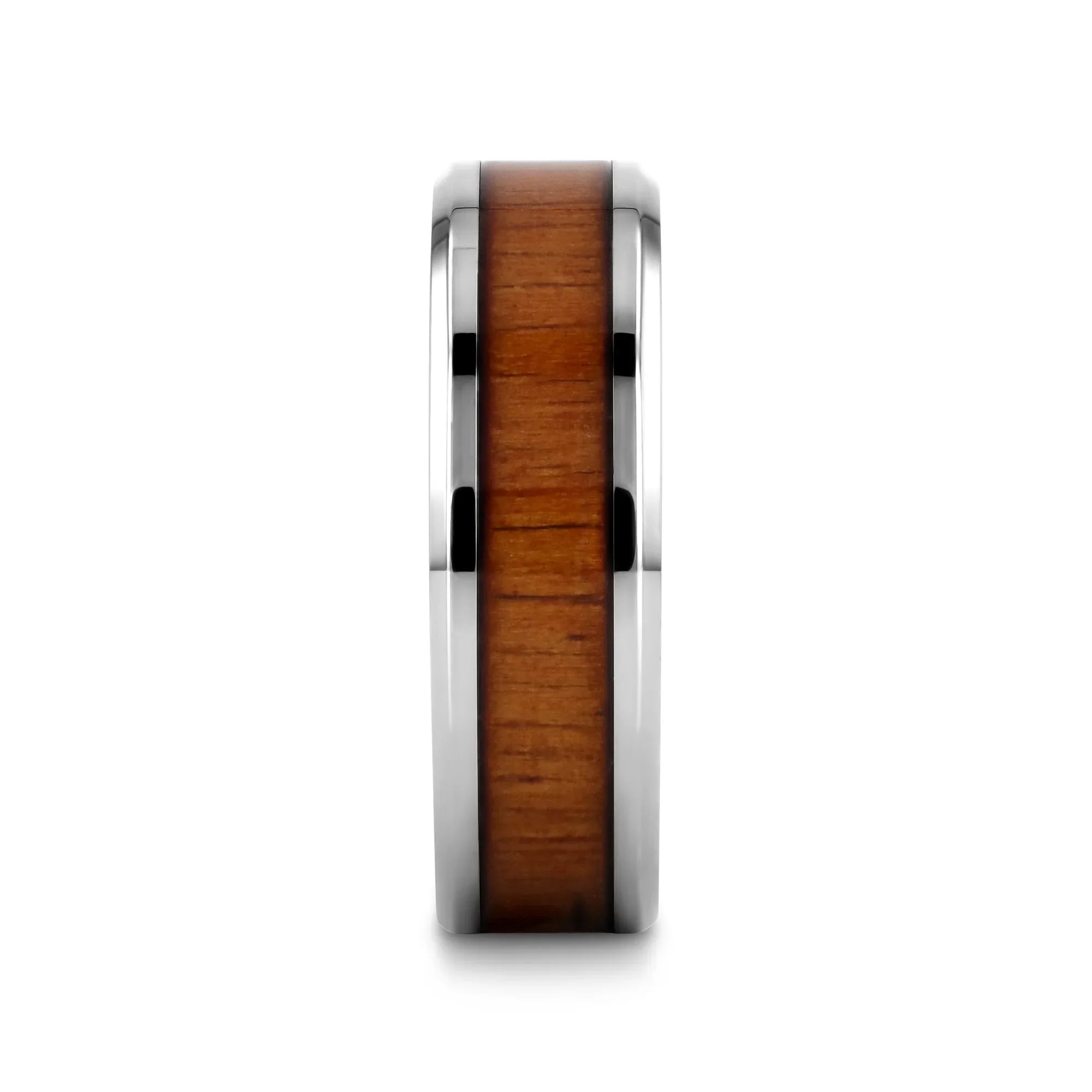 KOAN Titanium Polished Finish Koa Wood Inlaid Men’s Wedding Ring with Beveled Edges - 6mm & 8mm