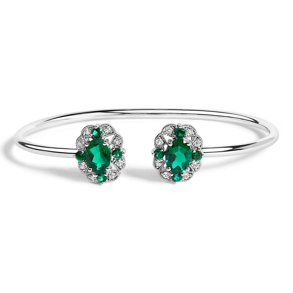 Sterling Silver White Topaz and Green Emerald Floral Bangle Bracelet 6.5 Inch