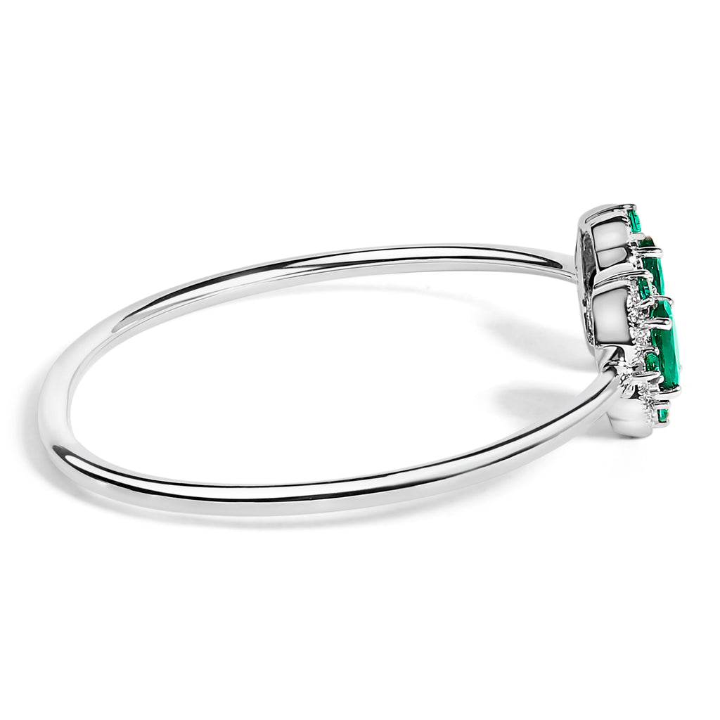 Sterling Silver White Topaz and Green Emerald Floral Bangle Bracelet 6.5 Inch