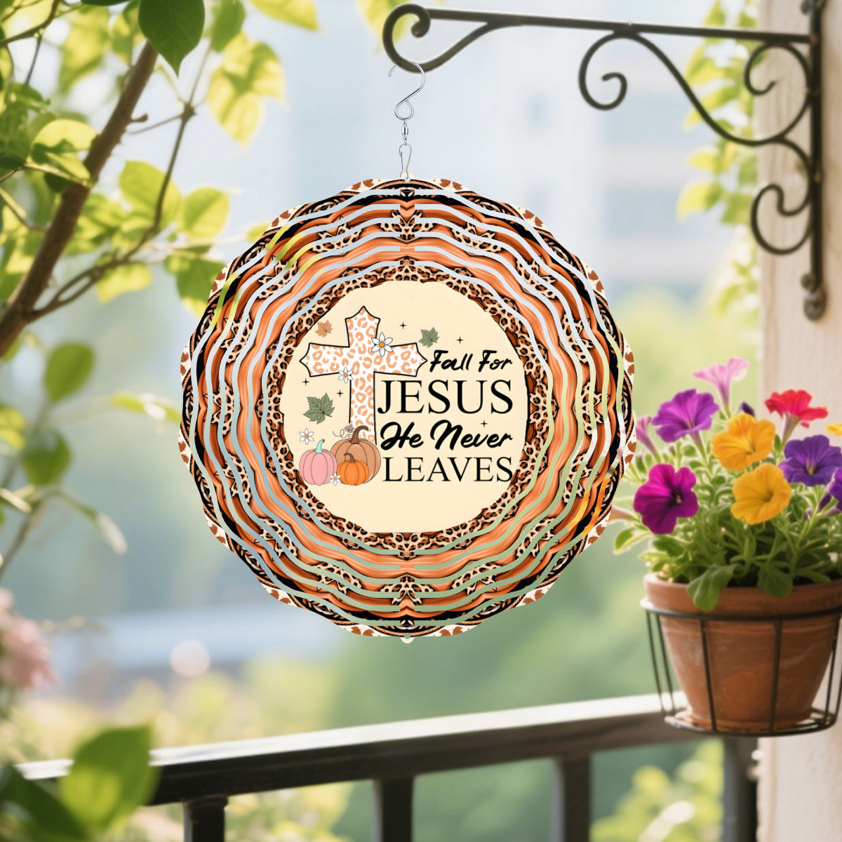 Fall for Jesus He Never Leaves Wind Spinner Outdoor Decor