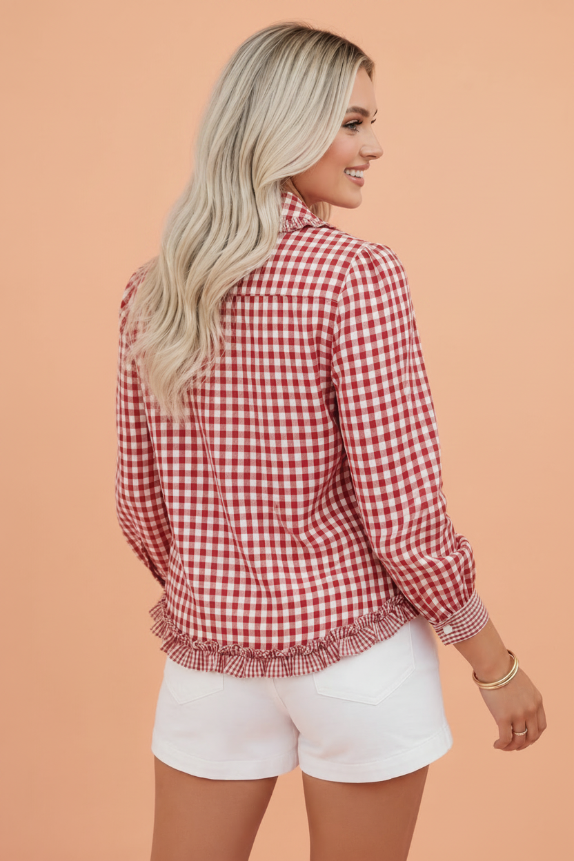 Gingham Frilled Button Down Long Sleeve Shirt