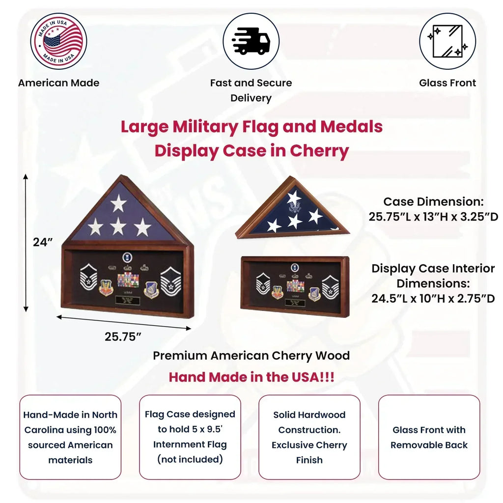 Large Flag and Military Medals Display Case - Cherry Wall Mount.