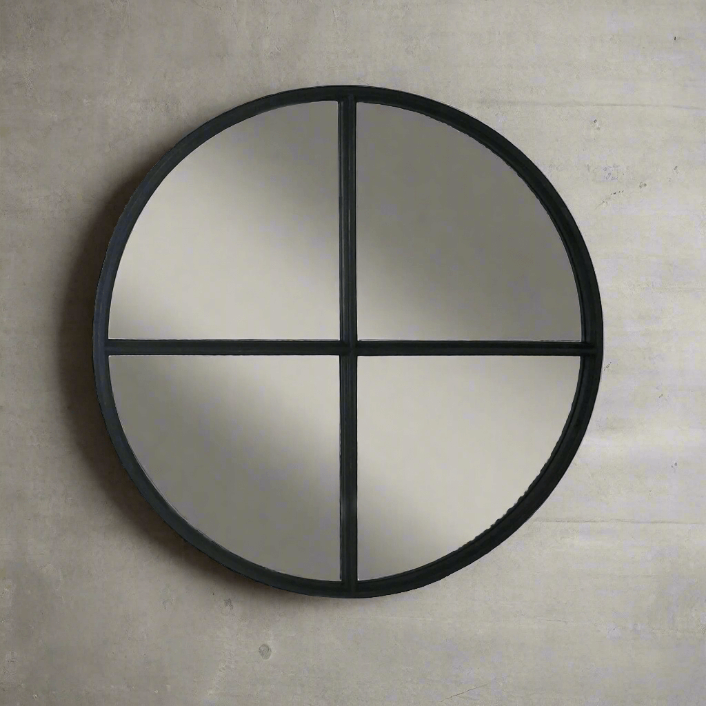 Large Round Wood Vintage Wall Mirror in Black