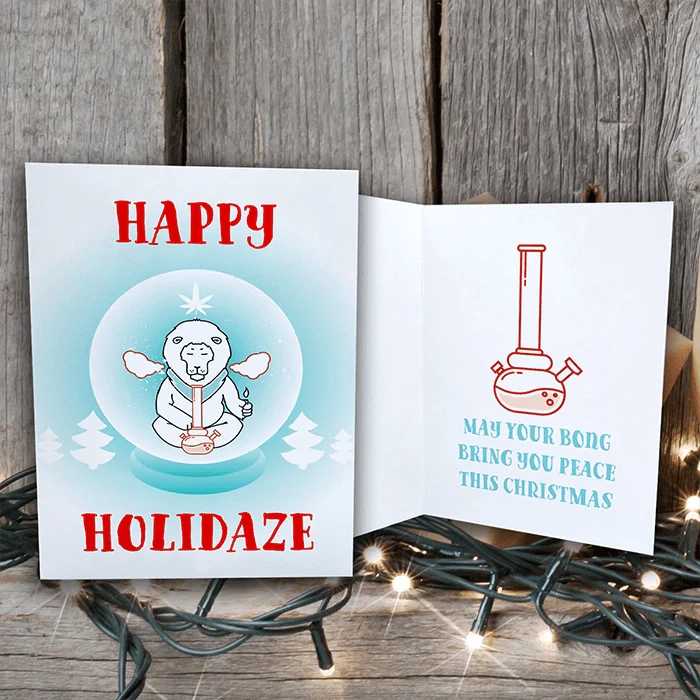 Happy Holidaze Zen Lion Smoking Bong Merry Christmas Greeting Cards (1, 10, 30, and 50pcs)