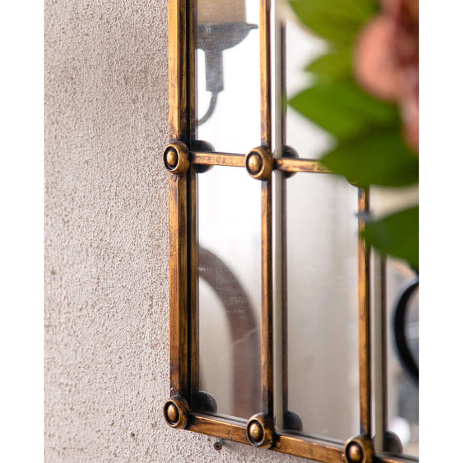 Antique Arched Windowpane Wall Mirror with Metal Grid Frame