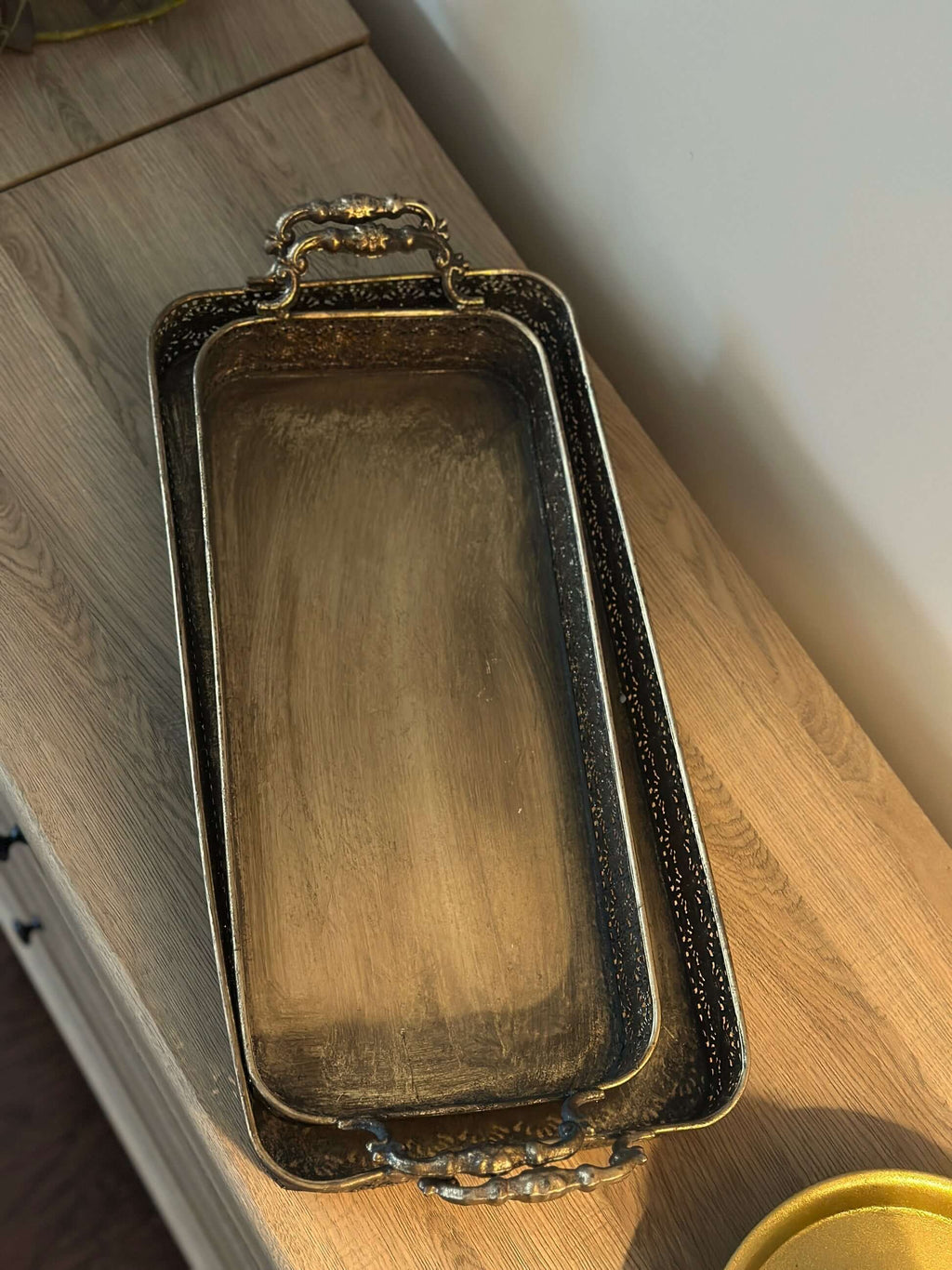 Antique Brass Filigree Serving Tray Set