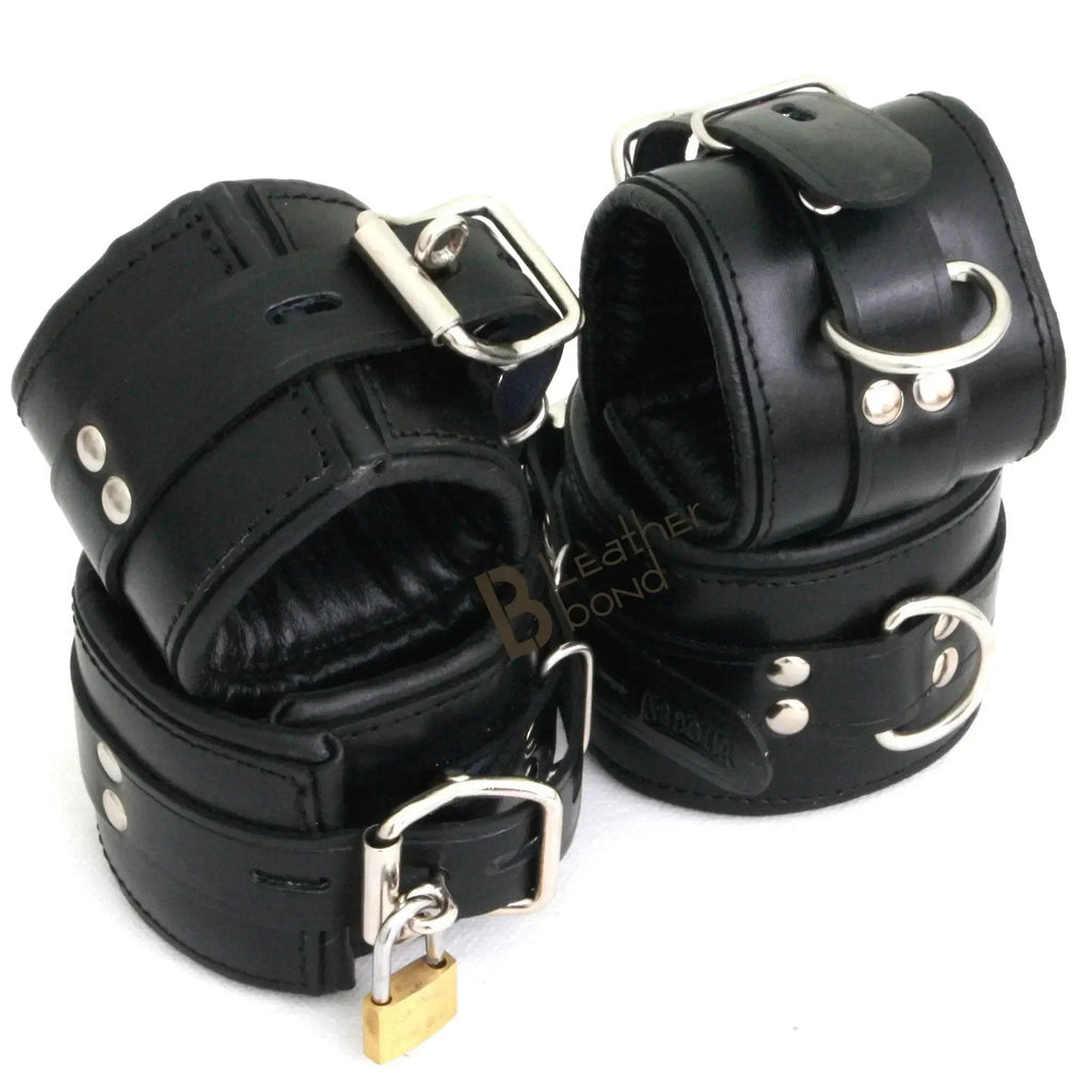 Real Cow Leather Wrist & Ankle Cuffs Set Restraint Bondage Lockable Set Black 4 Piece Padded Cuffs Hogtie included