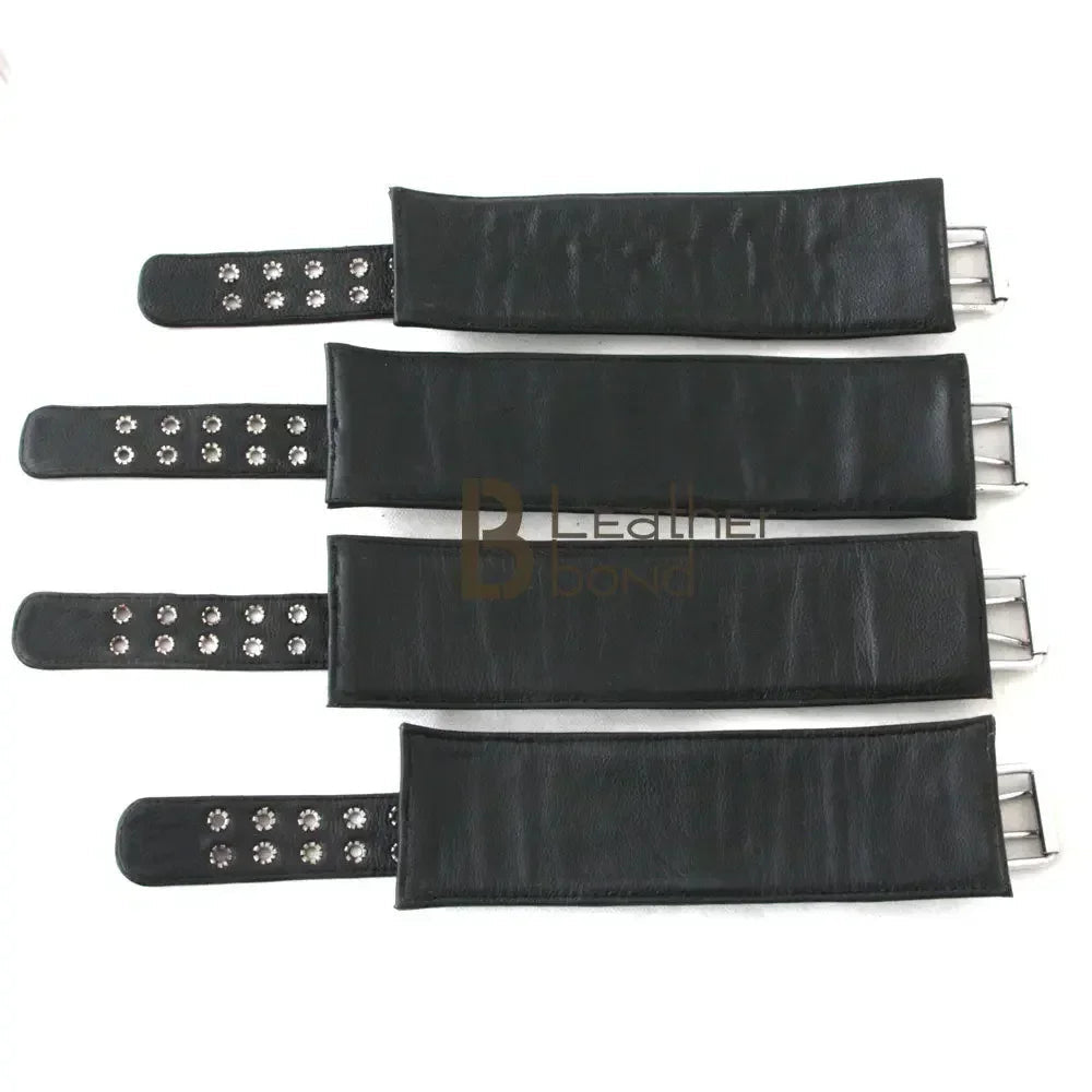 Real Top Grain Leather Ankle Cuffs, Wrist Cuffs & Neck Collar 5-Piece Restraint Set | Black