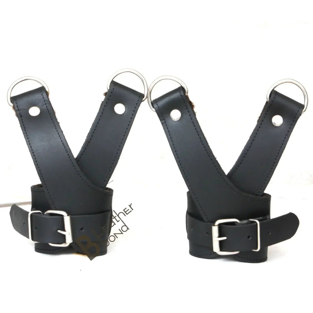 Real Strong Leather Suspension Bondage Cuffs 2-Piece Heavy Duty Fur-Lined Wrist Set | Black