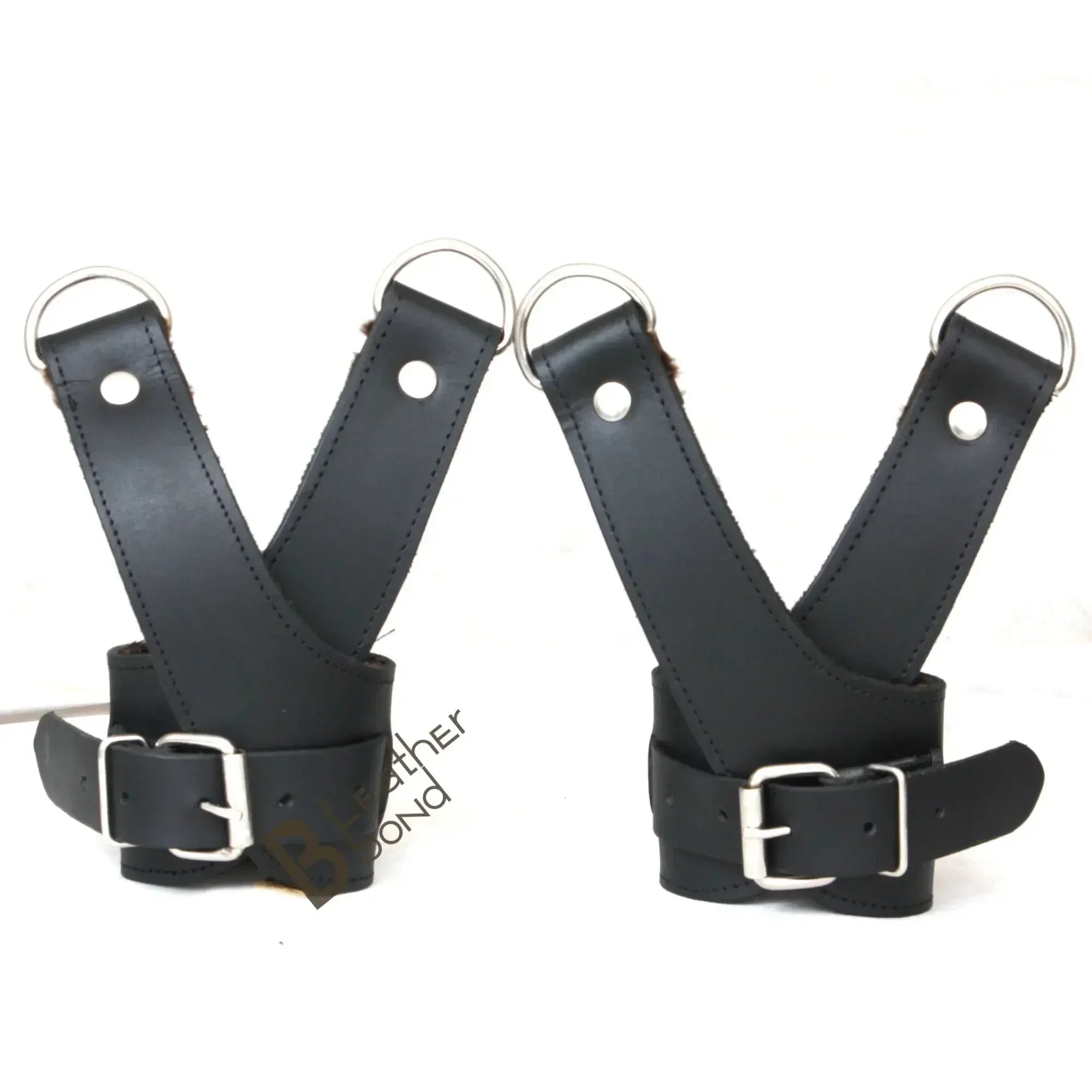Real Strong Leather Suspension Bondage Cuffs 2-Piece Heavy Duty Fur-Lined Wrist Set | Black