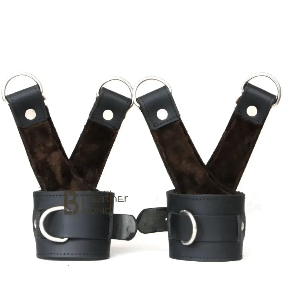 Real Strong Leather Suspension Bondage Cuffs 2-Piece Heavy Duty Fur-Lined Wrist Set | Black