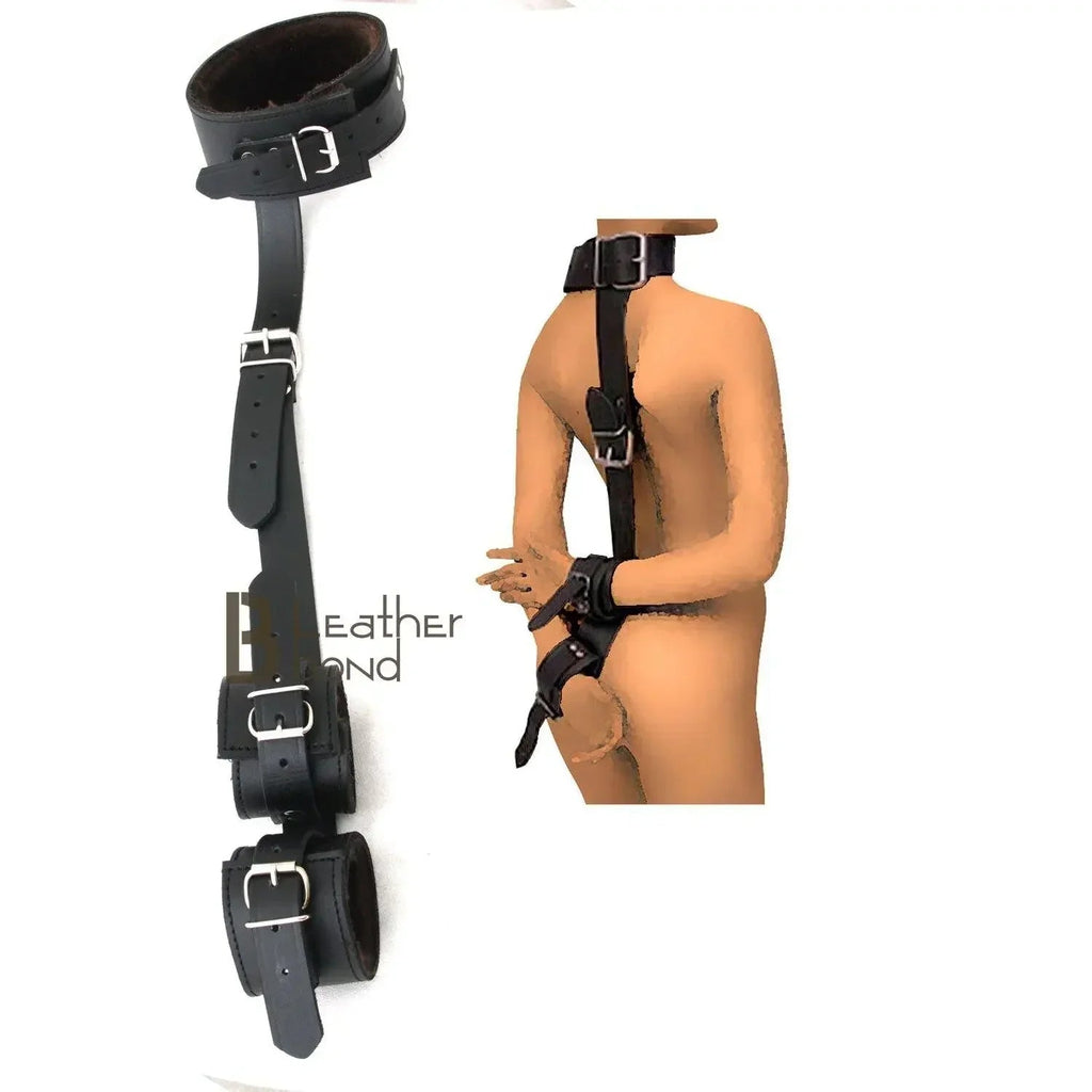 100% Genuine Leather Neck Collar & Wrist Cuffs Restraint Set Bondage BDSM Slave Cuffs