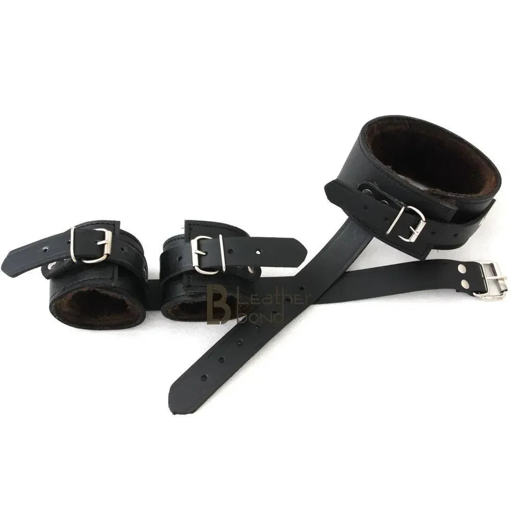 100% Genuine Leather Neck Collar & Wrist Cuffs Restraint Set Bondage BDSM Slave Cuffs