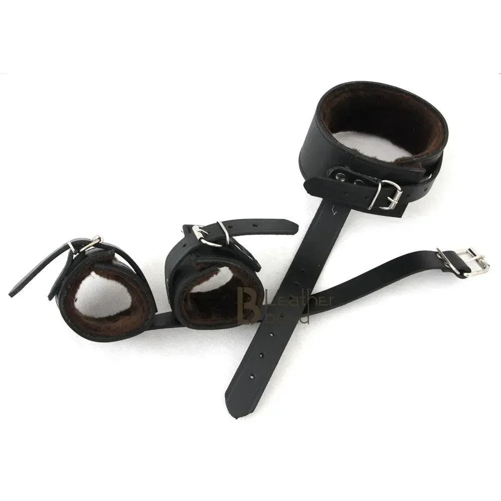 100% Genuine Leather Neck Collar & Wrist Cuffs Restraint Set Bondage BDSM Slave Cuffs