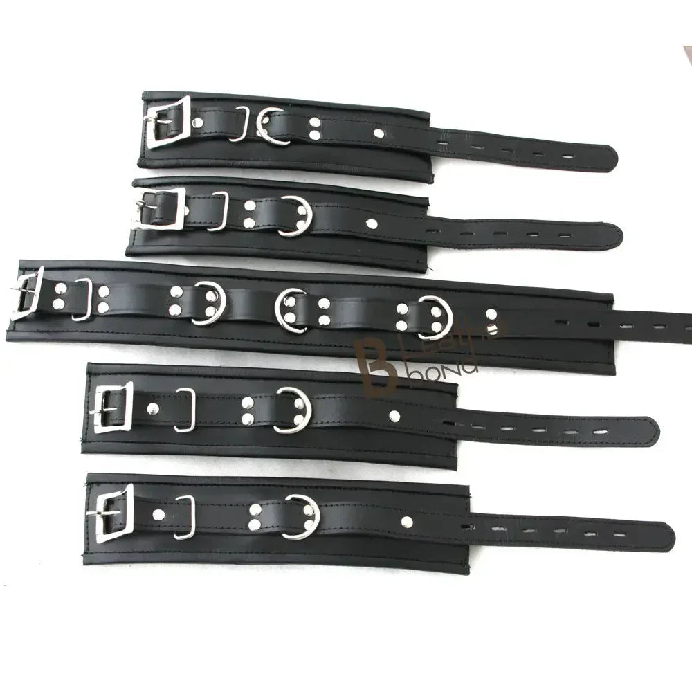 Real Cow Leather Wrist, Ankle Cuffs & Neck Collar Restraint Bondage Set Black 5 Piece set Padded Cuffs Lockable