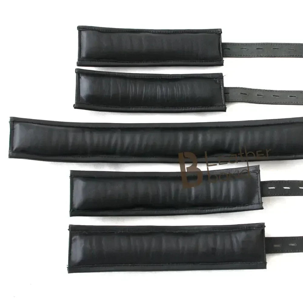Real Cow Leather Wrist, Ankle Cuffs & Neck Collar Restraint Bondage Set Black 5 Piece set Padded Cuffs Lockable