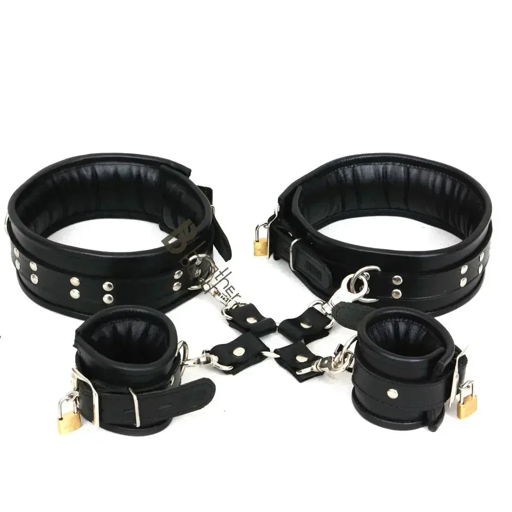 Real Leather 5-Piece Padded Lockable Wrist & Thigh Cuffs Restraint Bondage Set with Hogtie | Black