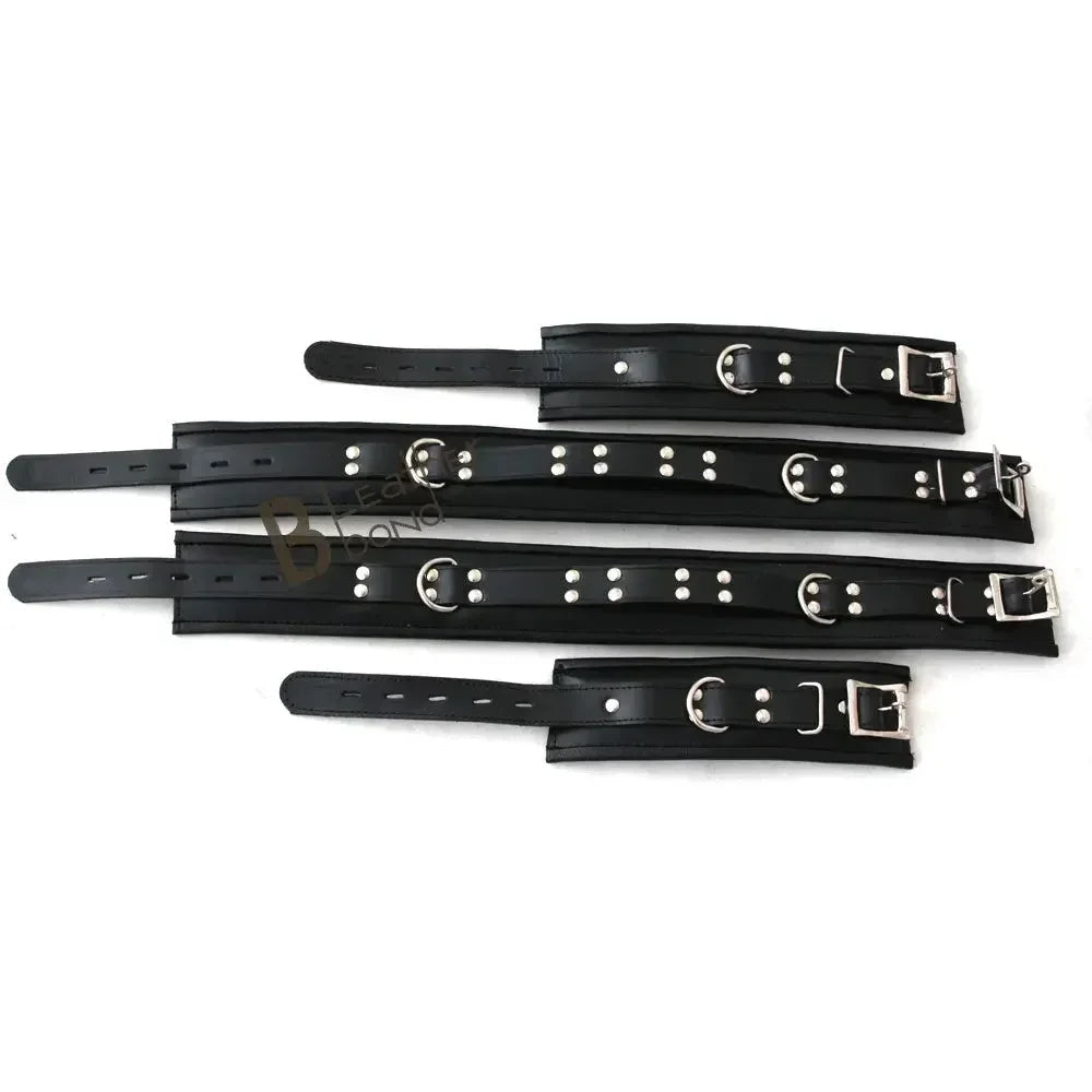 Real Leather 5-Piece Padded Lockable Wrist & Thigh Cuffs Restraint Bondage Set with Hogtie | Black