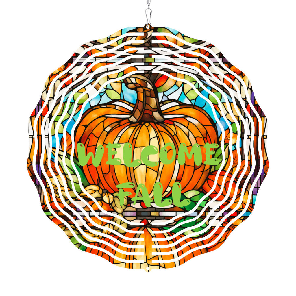 Welcome Fall Stained Glass Pumpkin Wind Spinner Outdoor Decor
