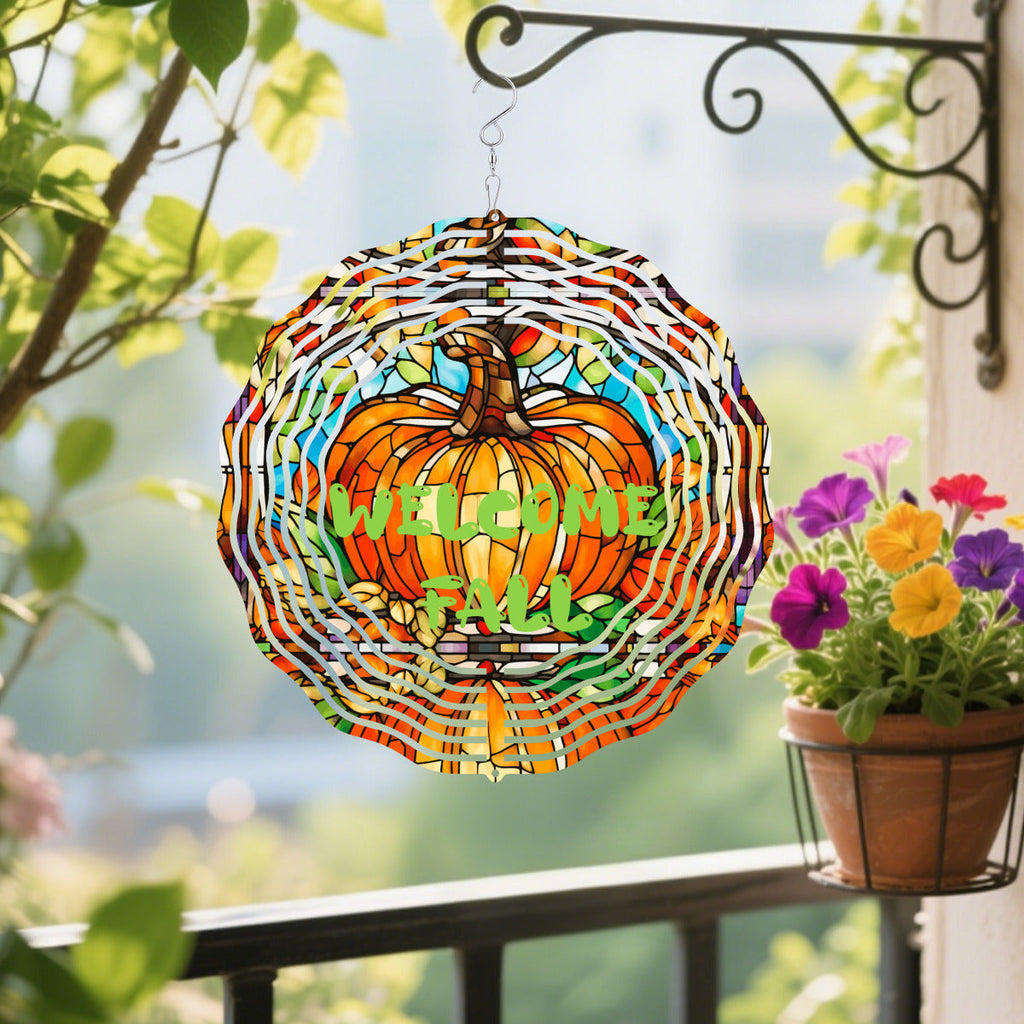 Welcome Fall Stained Glass Pumpkin Wind Spinner Outdoor Decor