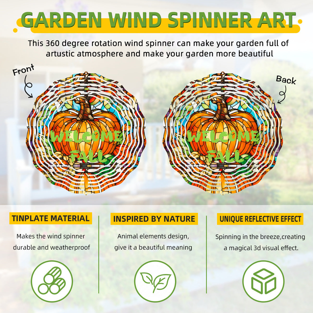 Welcome Fall Stained Glass Pumpkin Wind Spinner Outdoor Decor