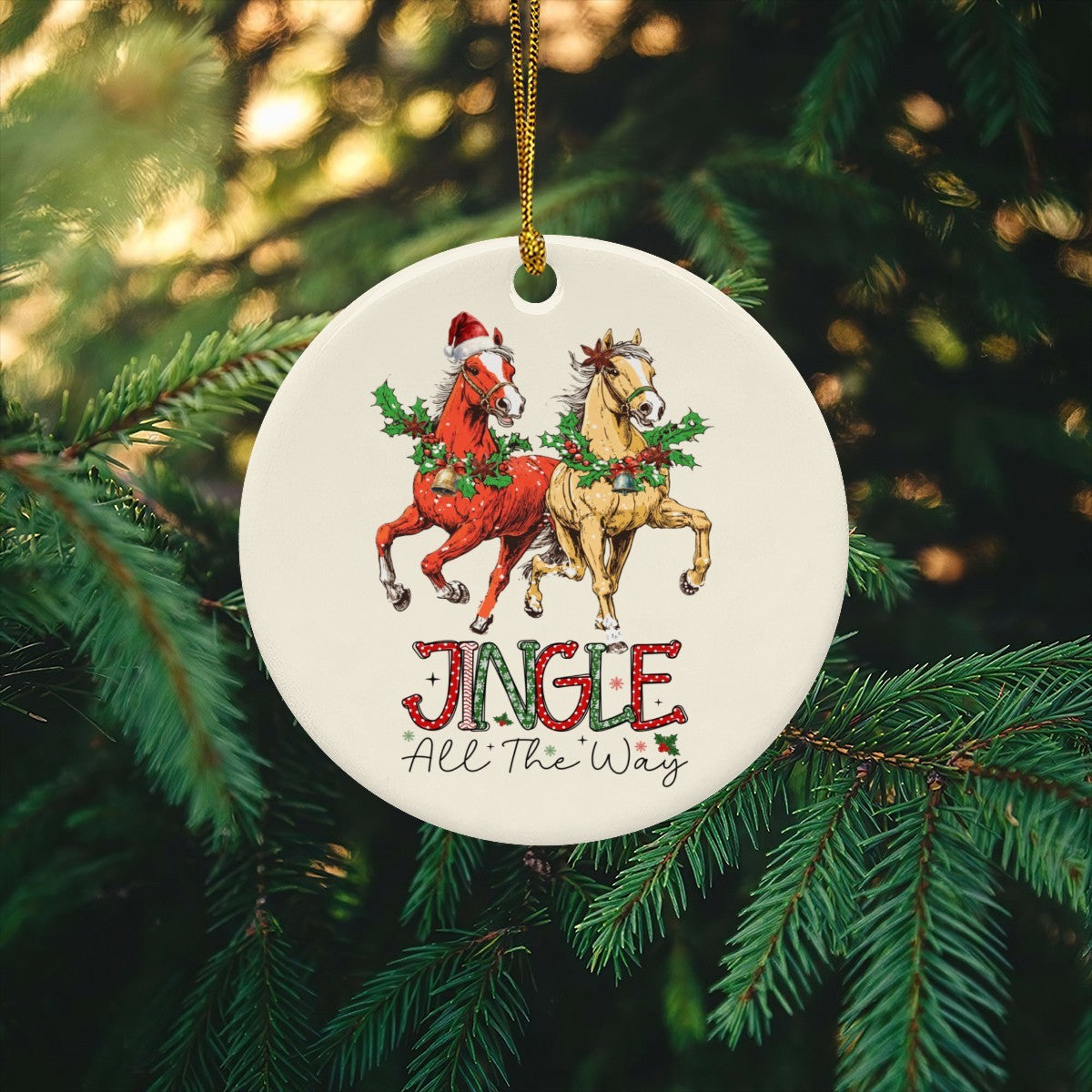 Vintage Horses at Christmas Jingle All the Way Round Ceramic Ornament