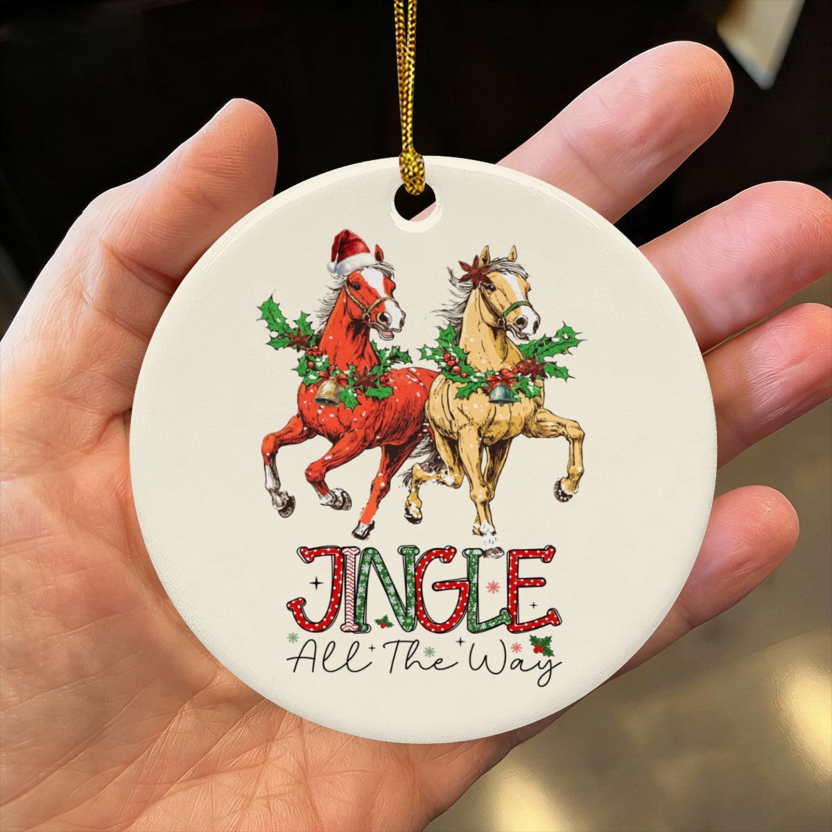 Vintage Horses at Christmas Jingle All the Way Round Ceramic Ornament