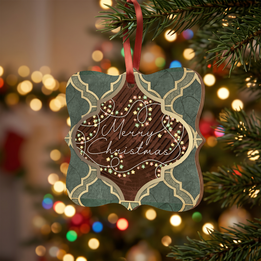 Merry Christmas Arabesque Design Wooden Maple Ornament