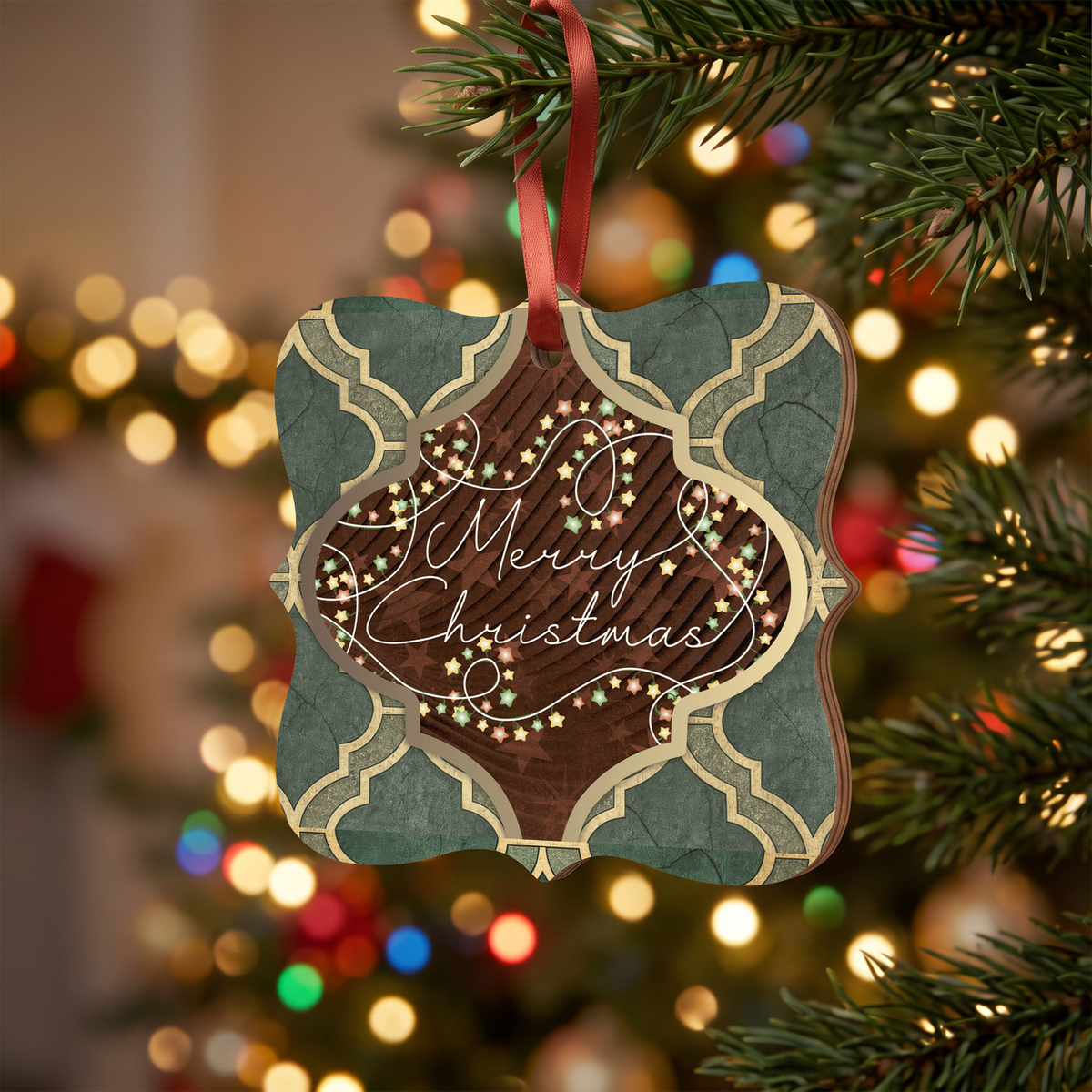 Merry Christmas Arabesque Design Wooden Maple Ornament