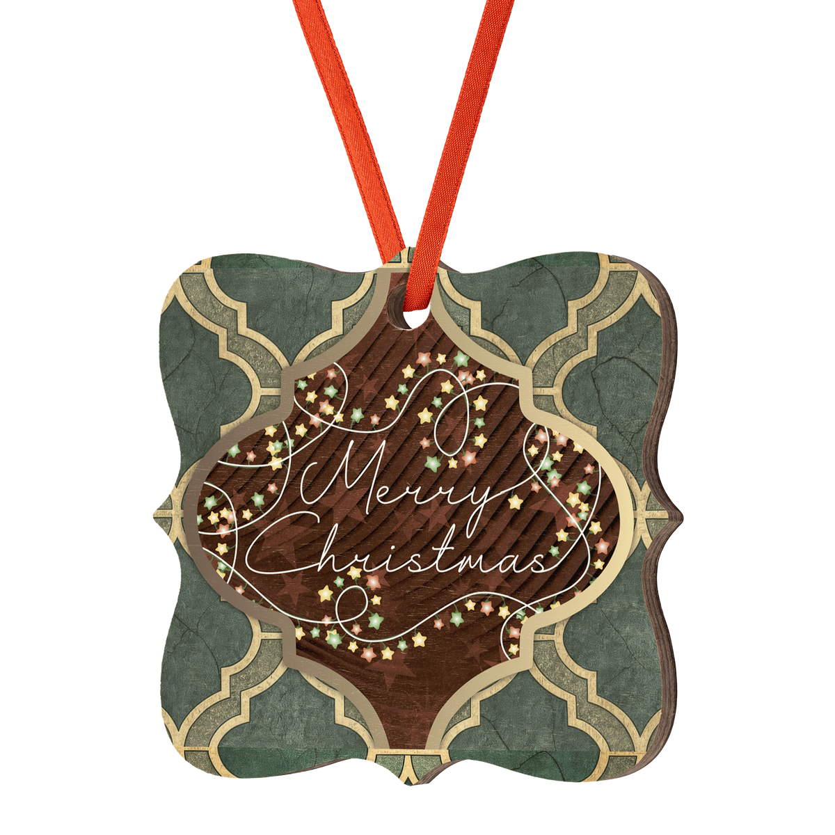 Merry Christmas Arabesque Design Wooden Maple Ornament