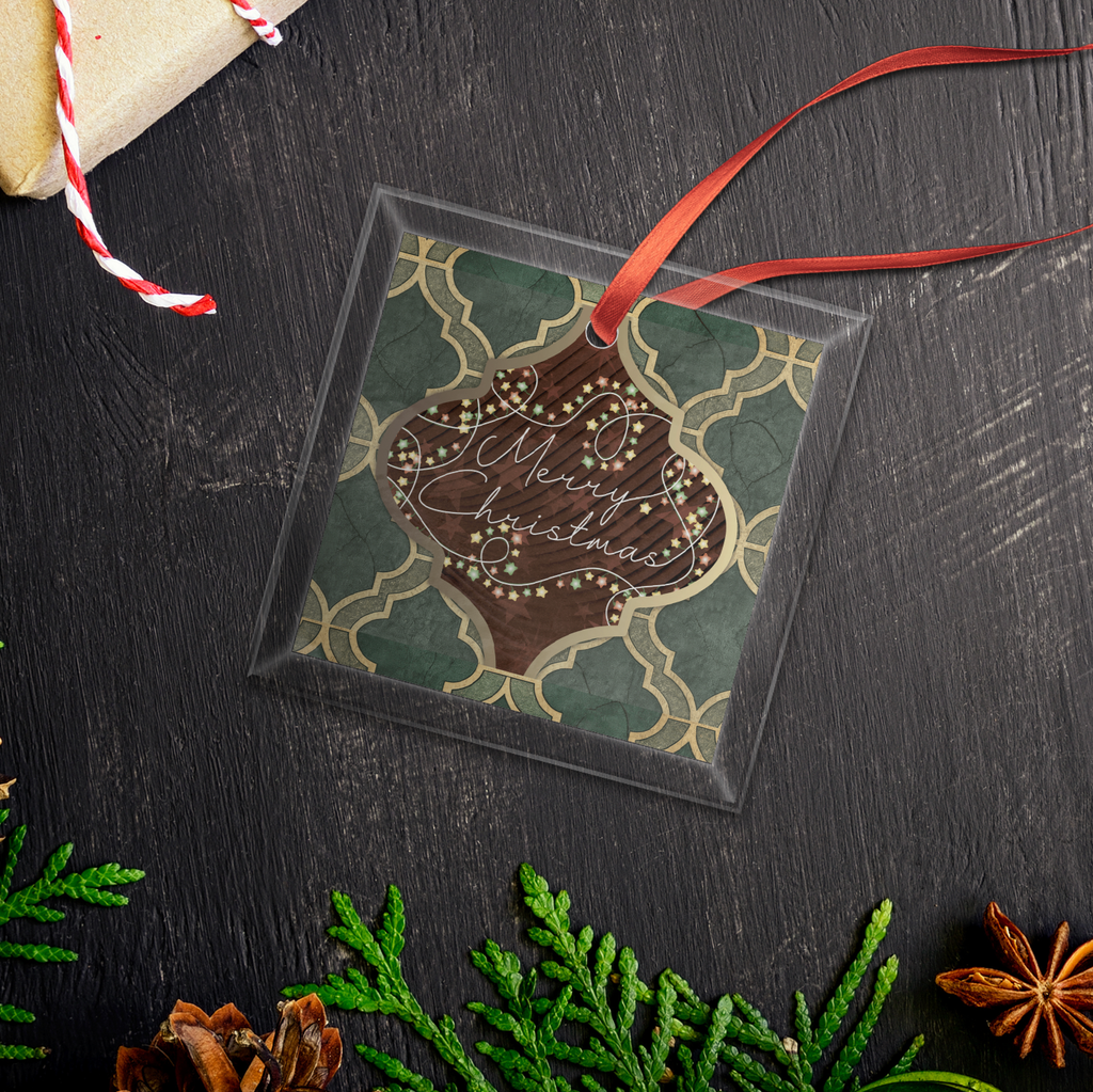 Merry Christmas Arabesque Design Square Glass Ornament