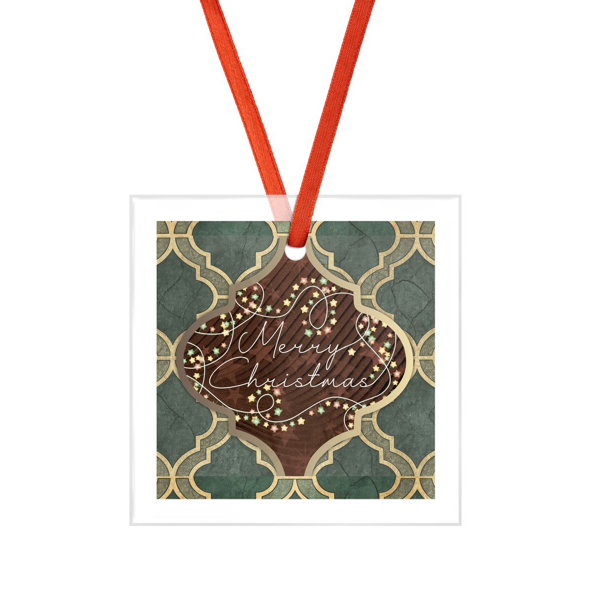 Merry Christmas Arabesque Design Square Glass Ornament