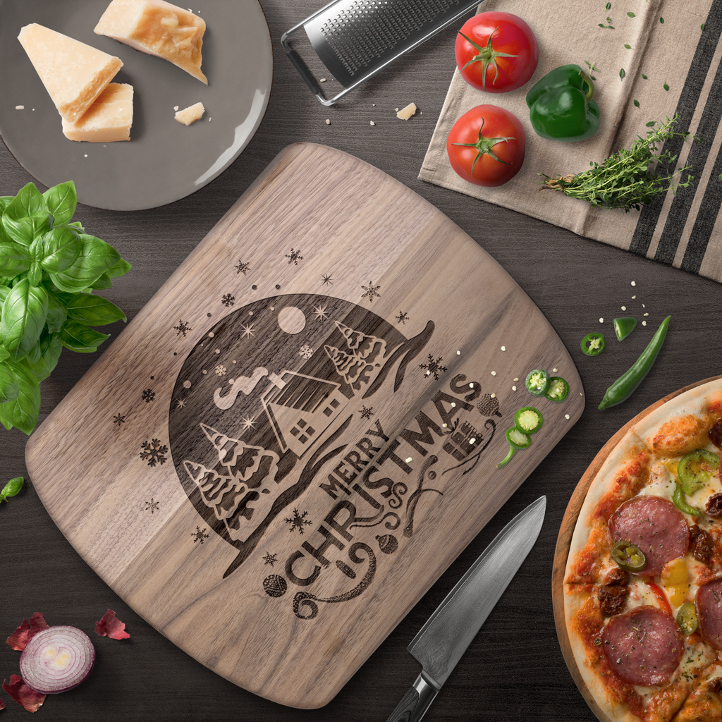 Merry Christmas Winter Scene Hardwood Cutting Board - 12" x 9"