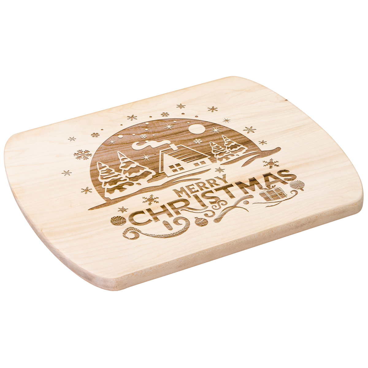 Merry Christmas Winter Scene Hardwood Cutting Board - 12" x 9"
