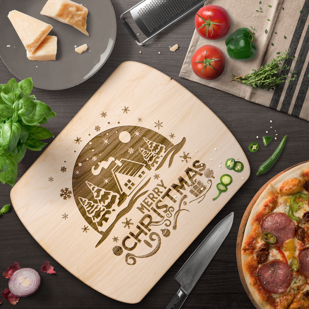 Merry Christmas Winter Scene Hardwood Cutting Board - 12" x 9"