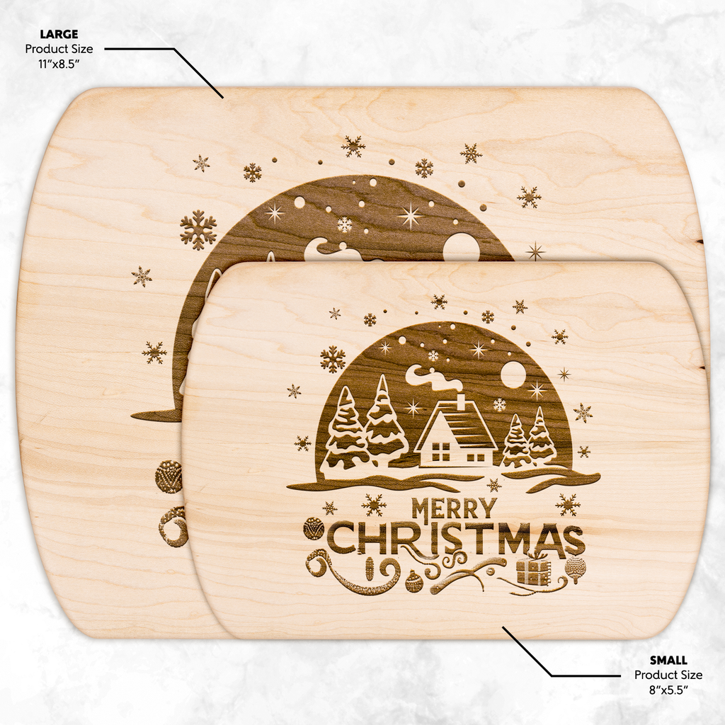 Merry Christmas Winter Scene Hardwood Cutting Board - 12" x 9"