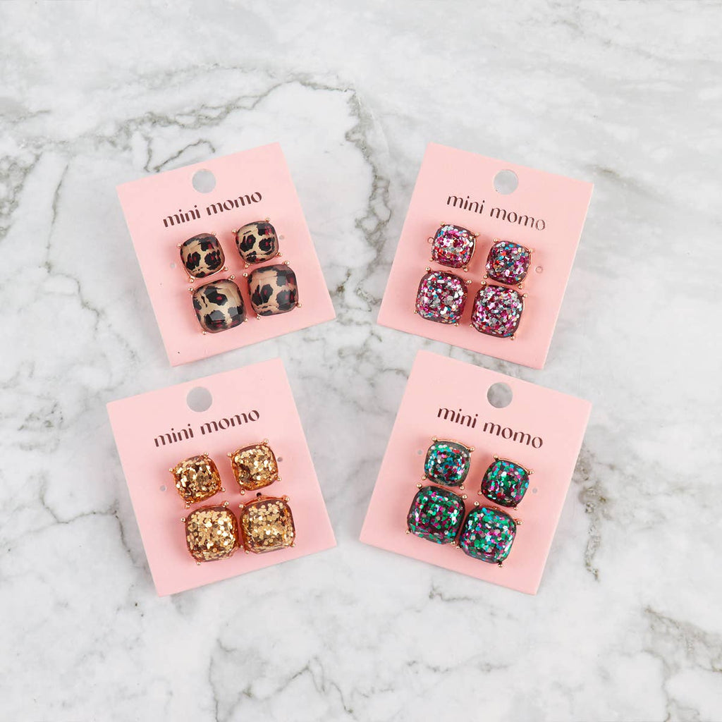 Mom and Daughter Glitter Square Cushion Cut Stud Earring Set – "Mom and Me" Gift Set