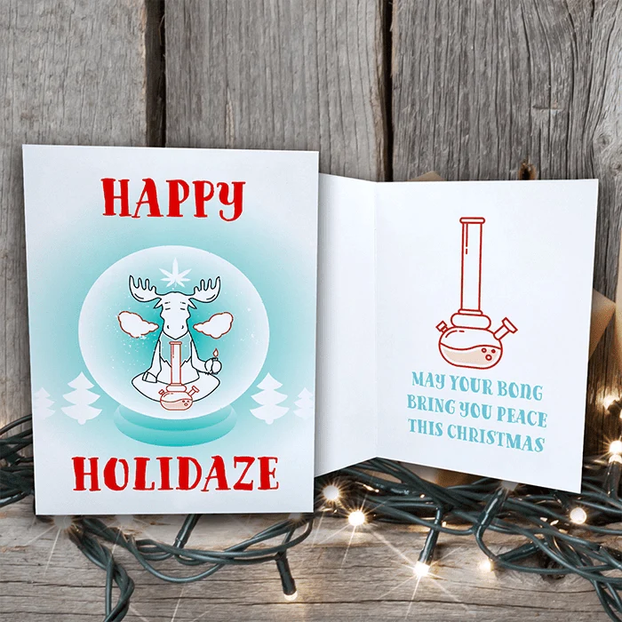 Happy Holidaze Zen Moose Smoking Bong Merry Christmas Greeting Cards (1, 10, 30, and 50pcs)