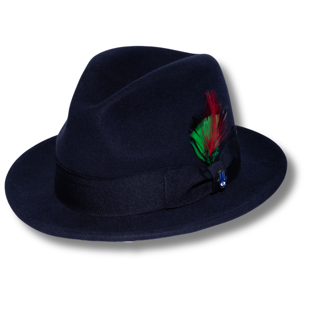 Ferrecci Brooks Soft 100% Australian Wool Felt Body With Removable Feather Navy Blue Hat Great For Travel.