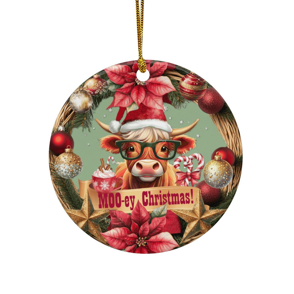 Moo-ey Christmas Highland Cow Round Ceramic Ornament