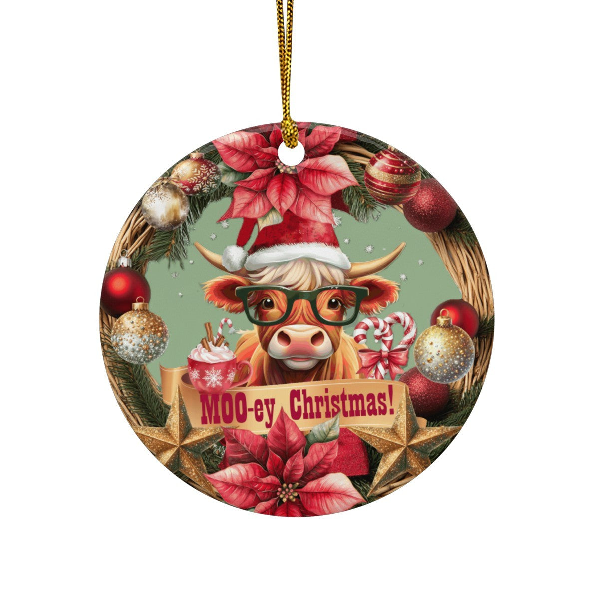 Moo-ey Christmas Highland Cow Round Ceramic Ornament