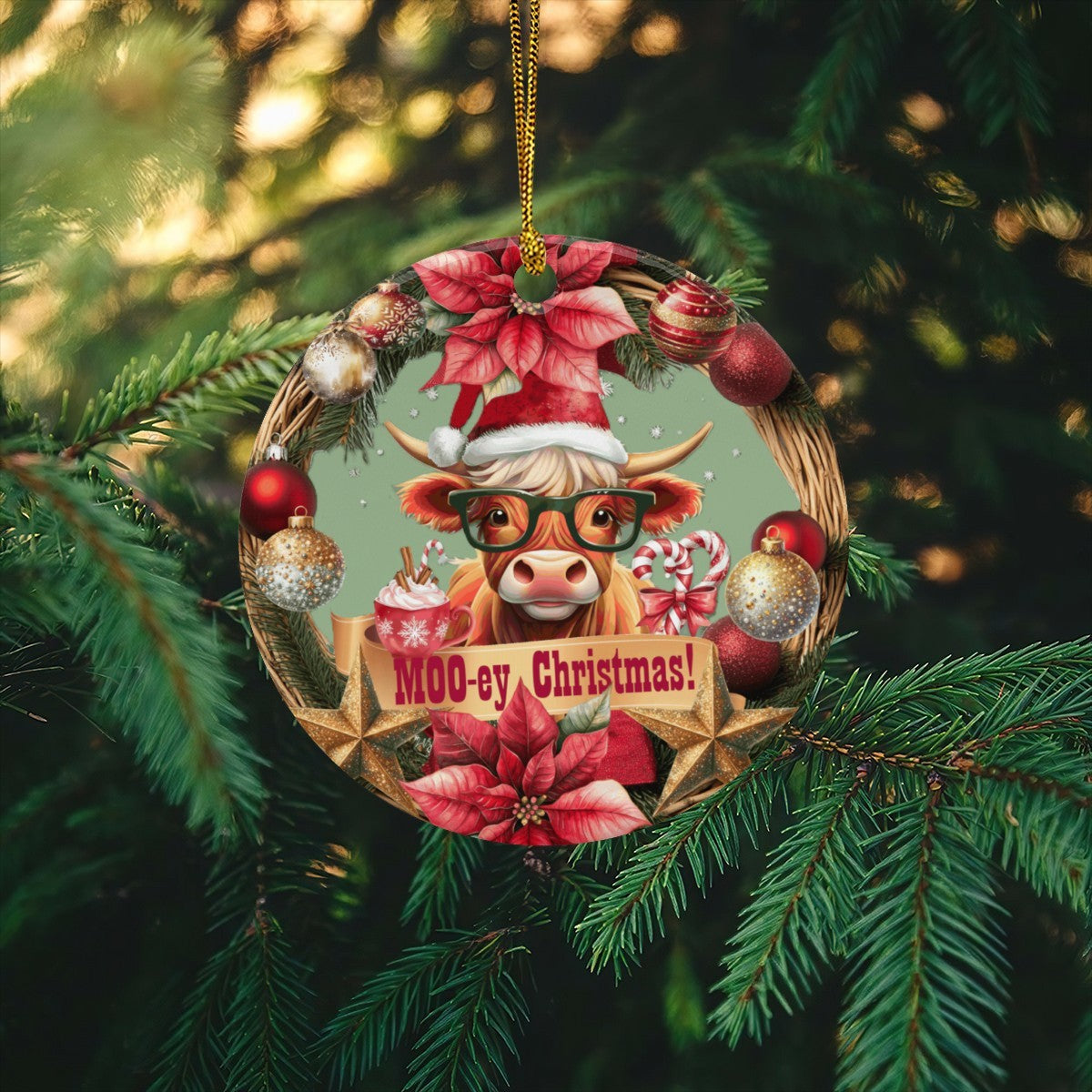 Moo-ey Christmas Highland Cow Round Ceramic Ornament