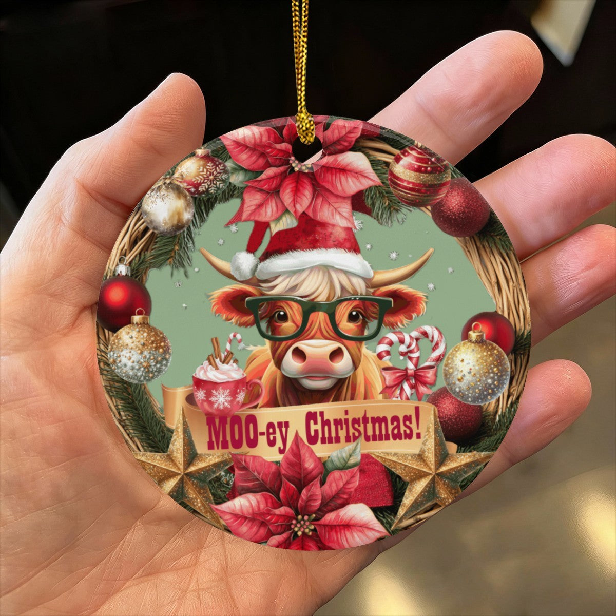 Moo-ey Christmas Highland Cow Round Ceramic Ornament