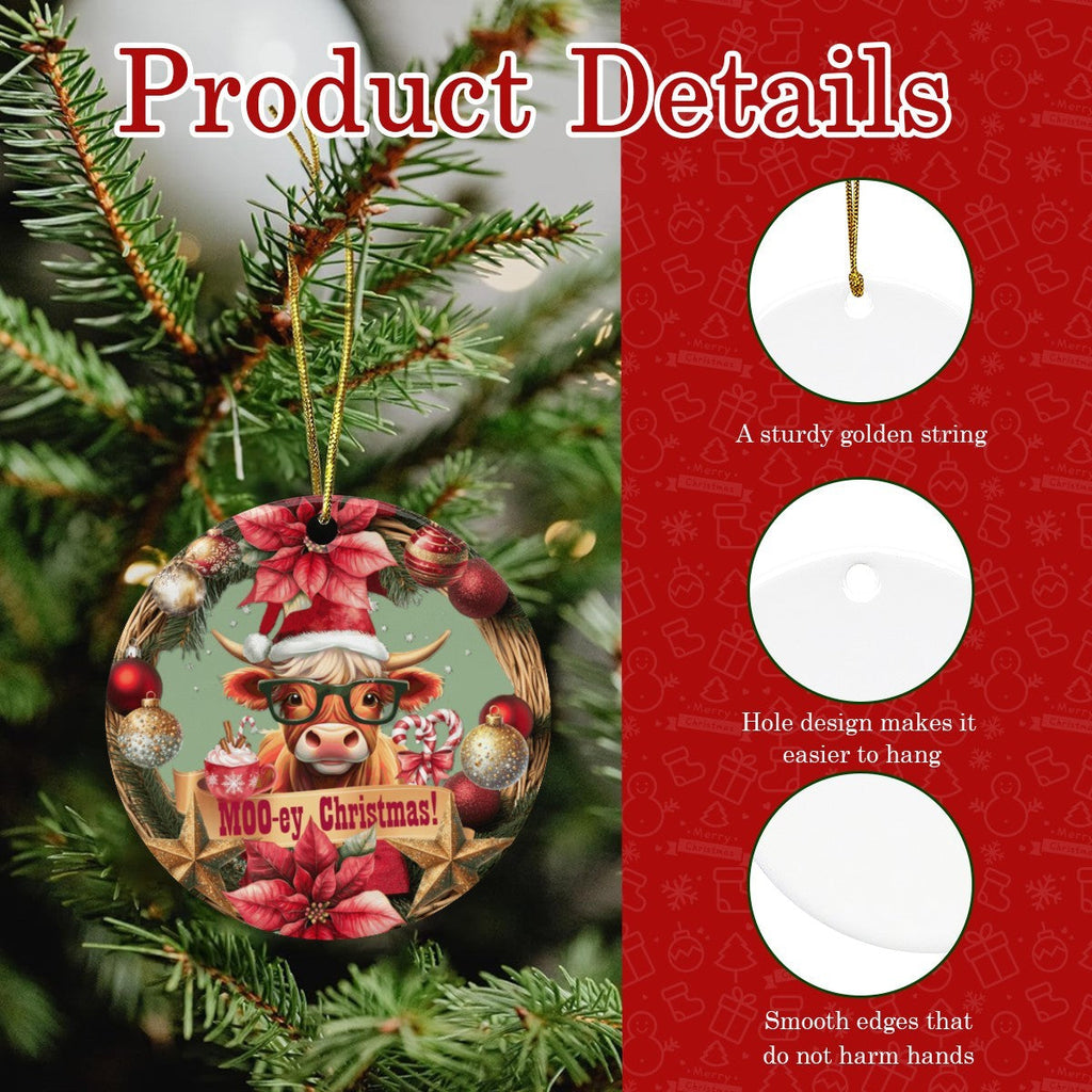 Moo-ey Christmas Highland Cow Round Ceramic Ornament
