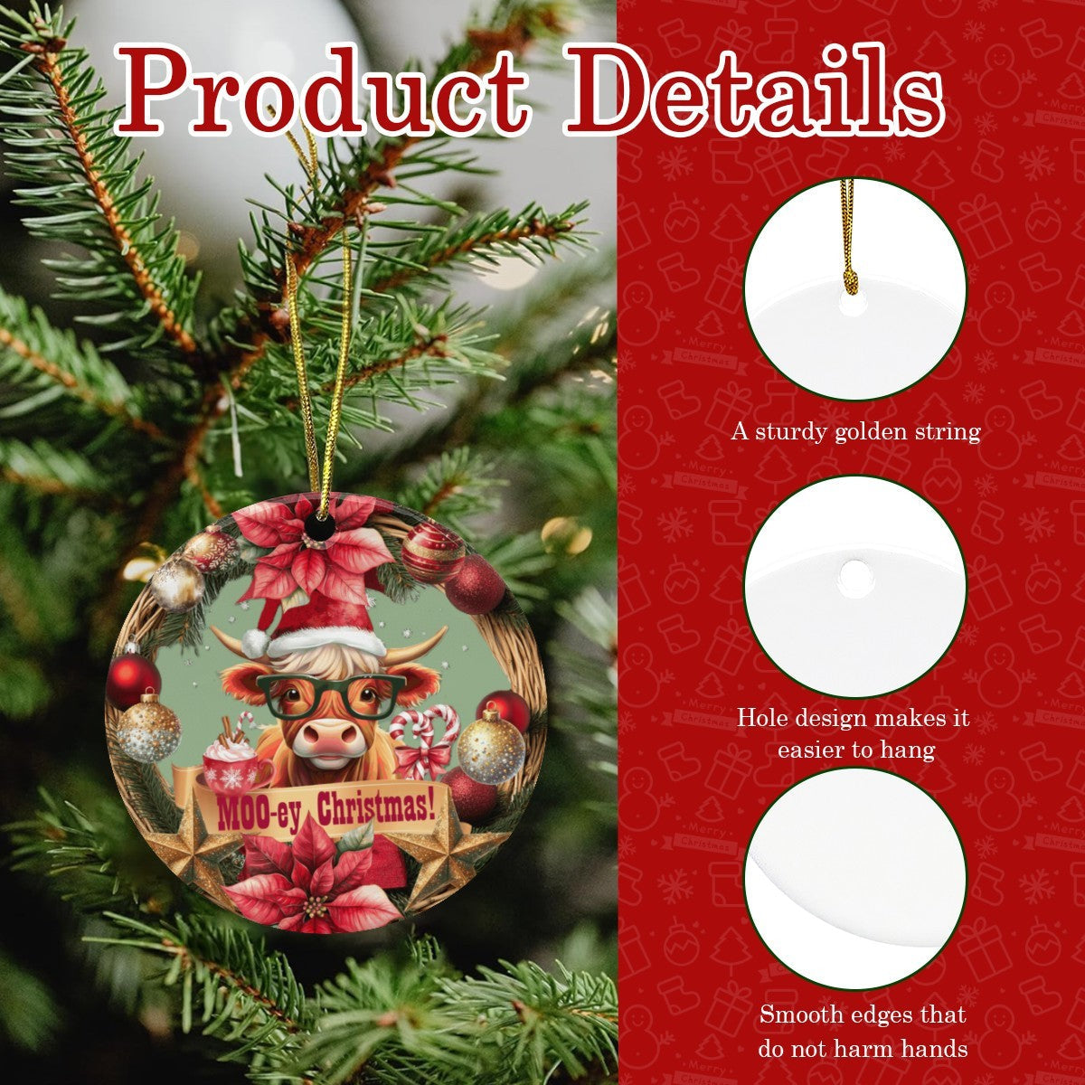 Moo-ey Christmas Highland Cow Round Ceramic Ornament