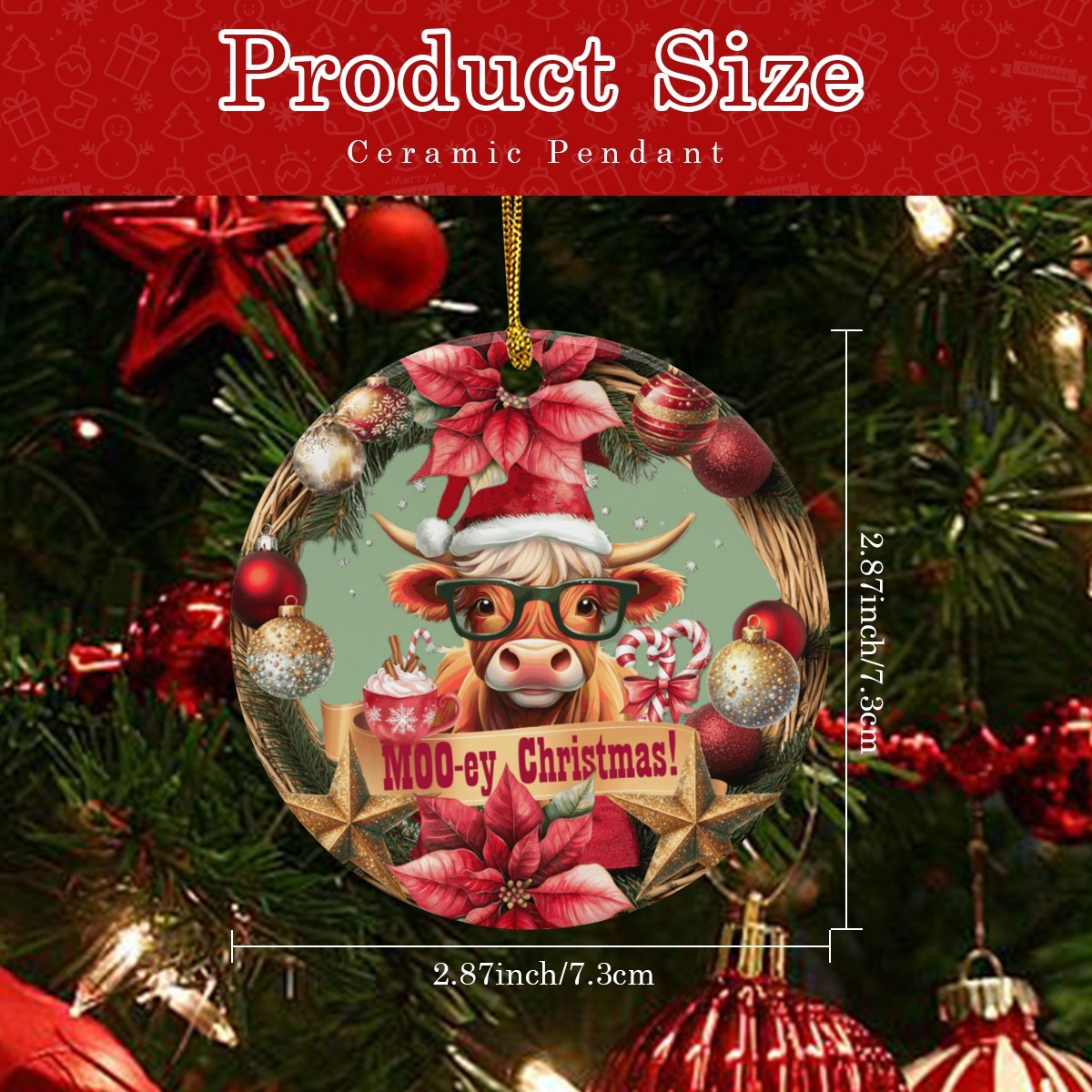 Moo-ey Christmas Highland Cow Round Ceramic Ornament