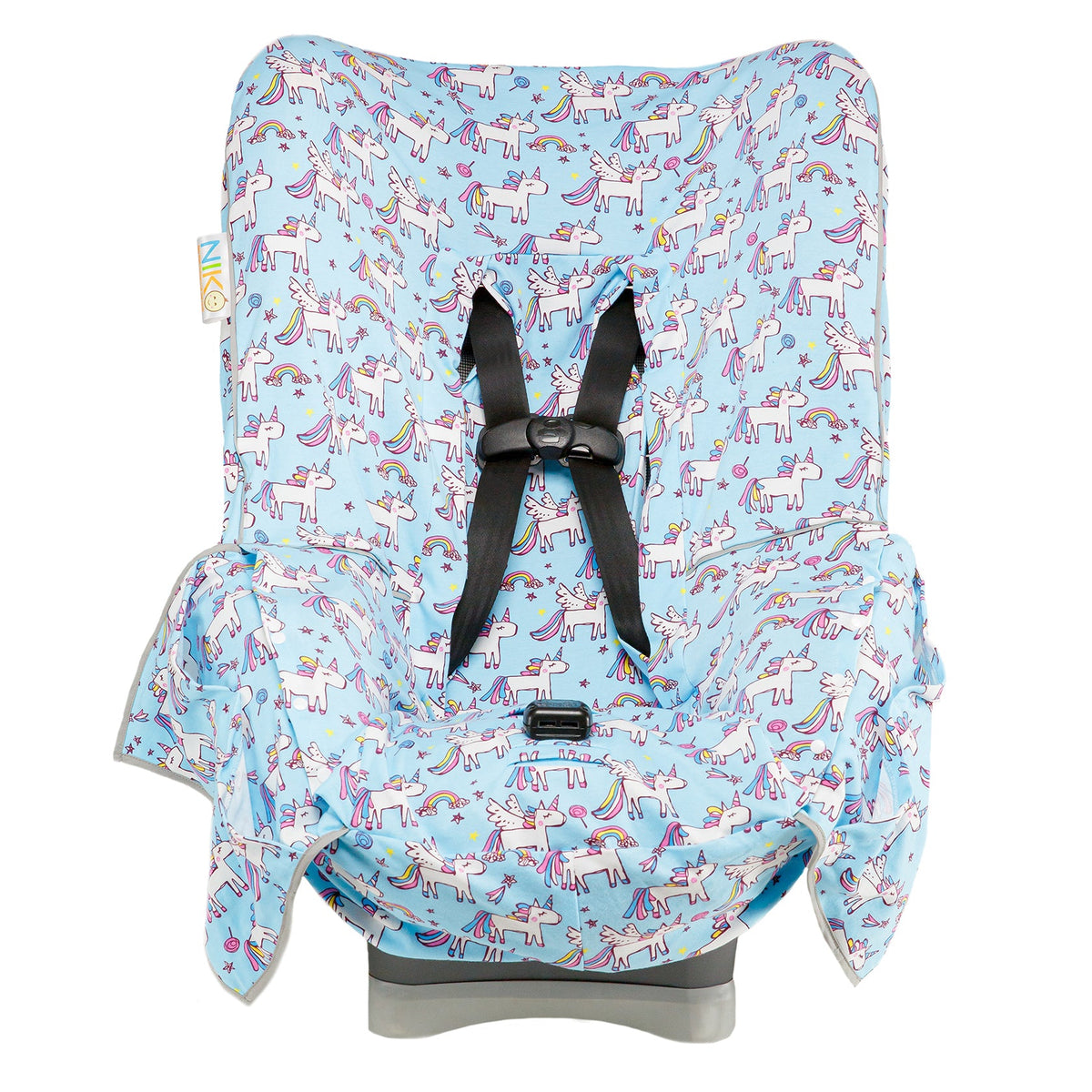 Niko Easy Wash Children's Car Seat Cover in 100% Cotton, Blue with Unicorn Print