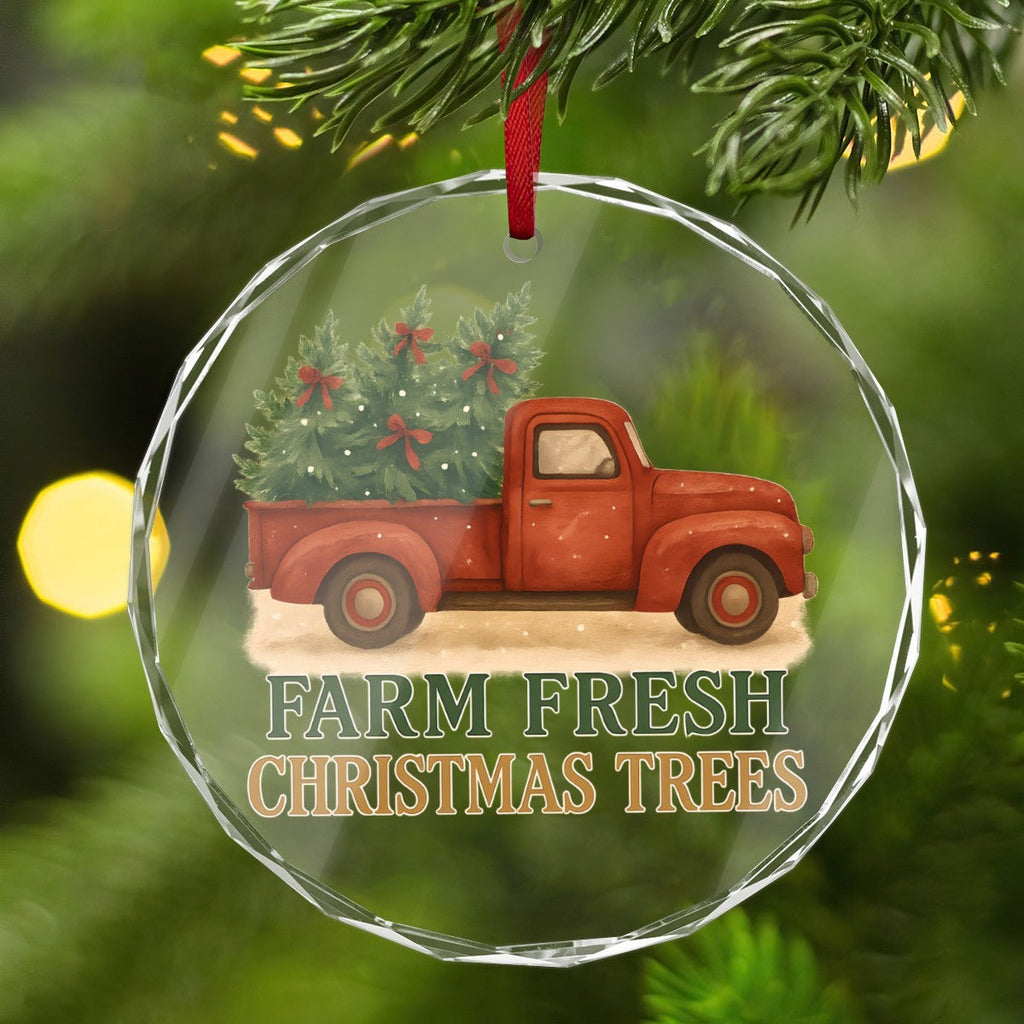 Vintage Pickup Truck Farm Fresh Christmas Trees Round Glass Ornament