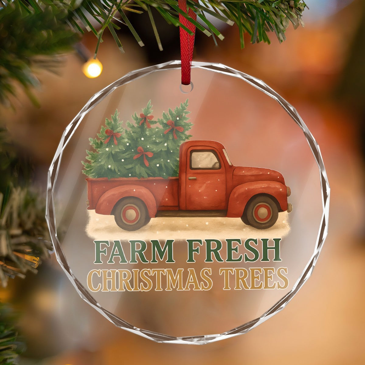 Vintage Pickup Truck Farm Fresh Christmas Trees Round Glass Ornament