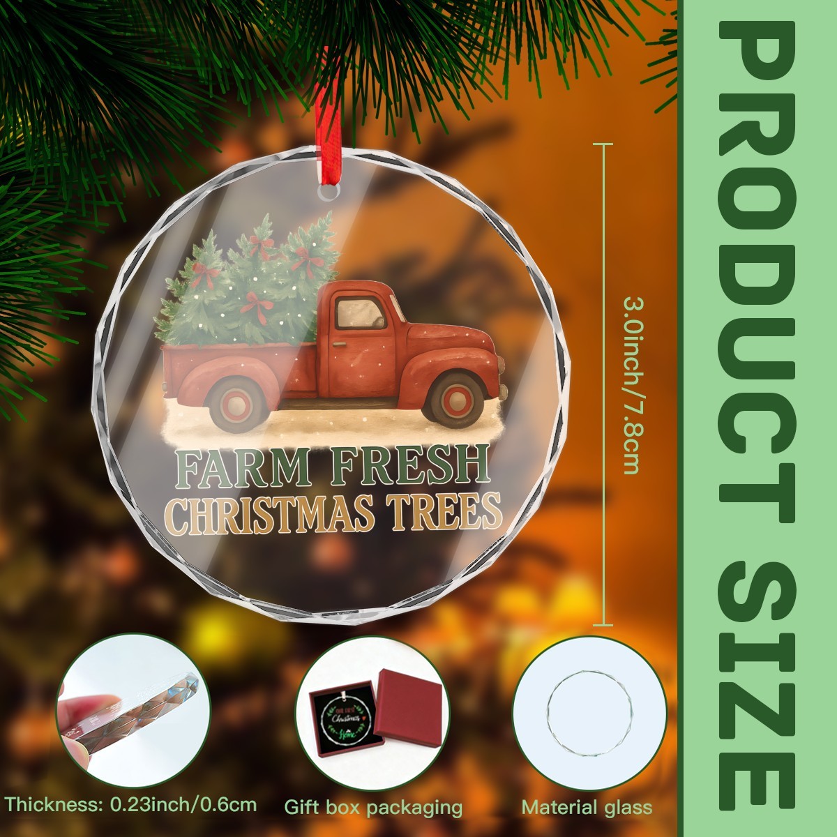 Vintage Pickup Truck Farm Fresh Christmas Trees Round Glass Ornament